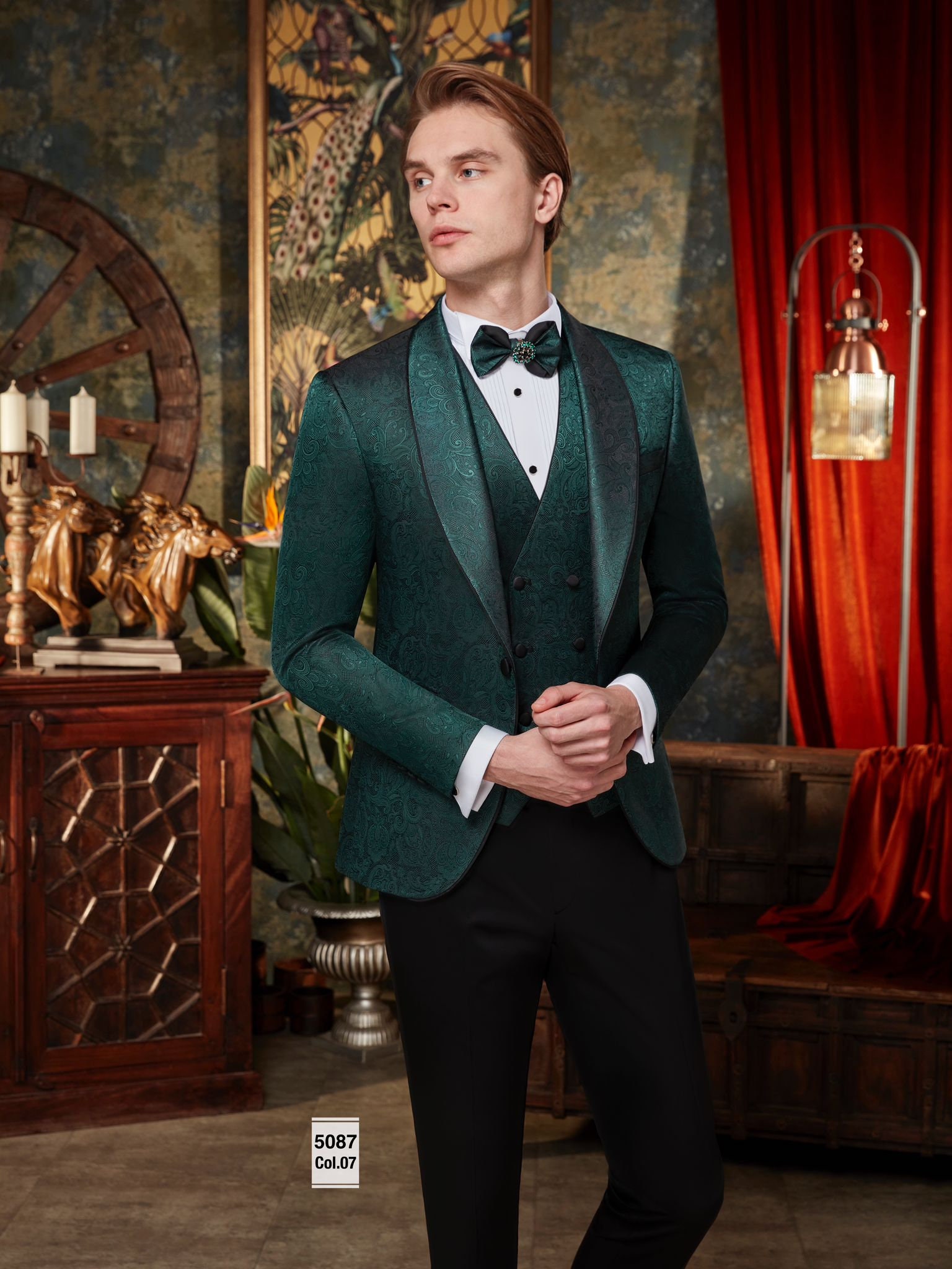 4-Piece Green Shall Lapel Tuxedo with Vest, Pants & Bowtie - Model 5087-7