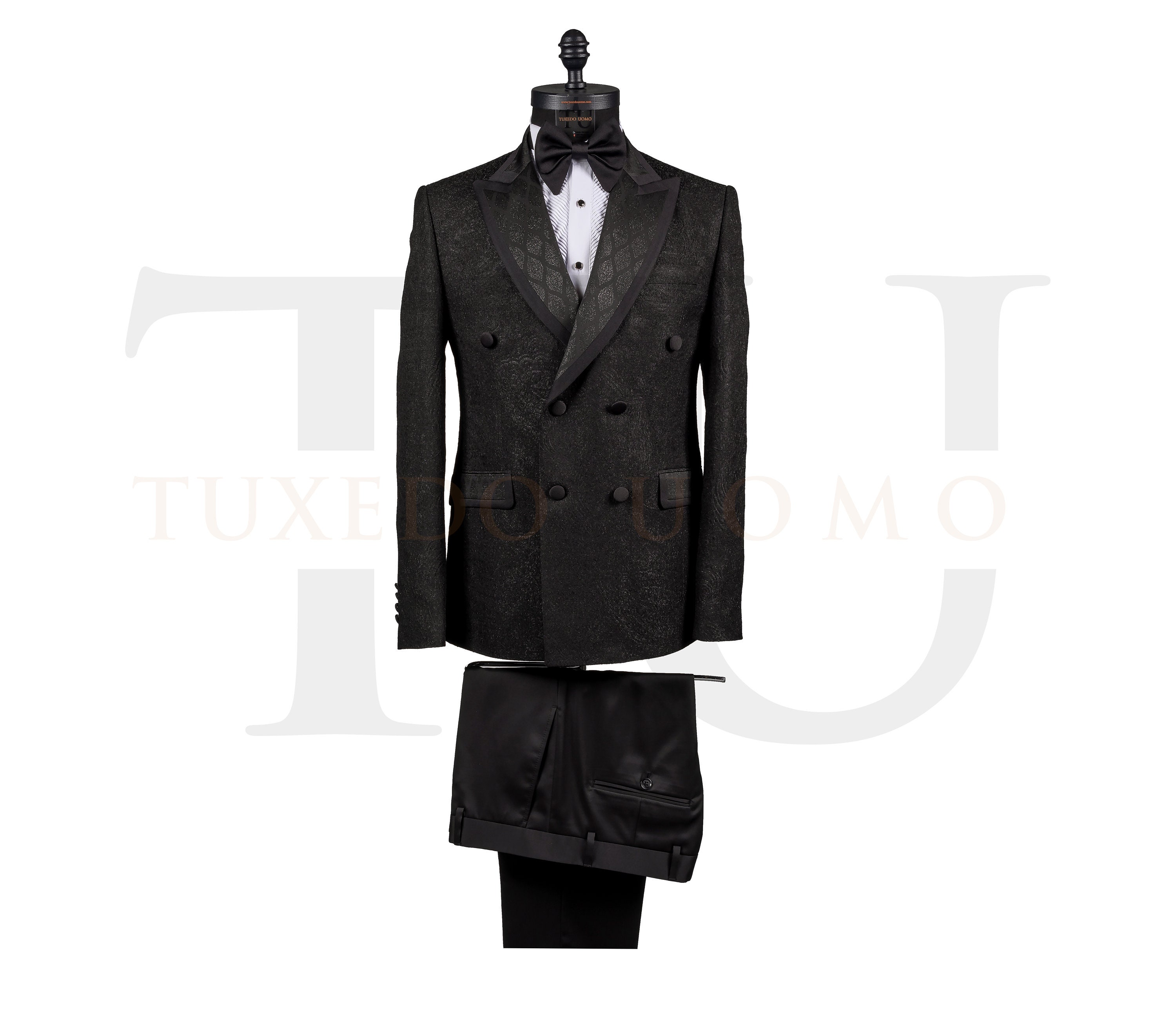Black Worsted Wool Classic Peak Lapel Double Breasted Tuxedo Set