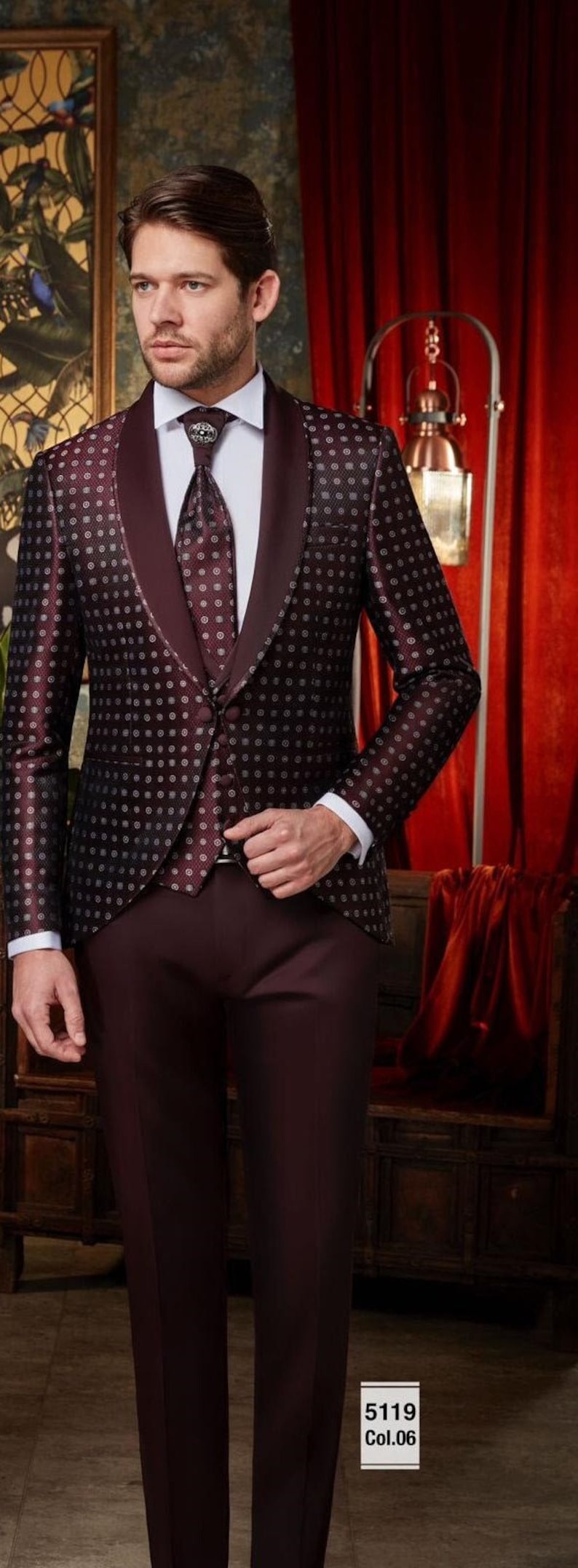 burgundy tuxedo vest and tie