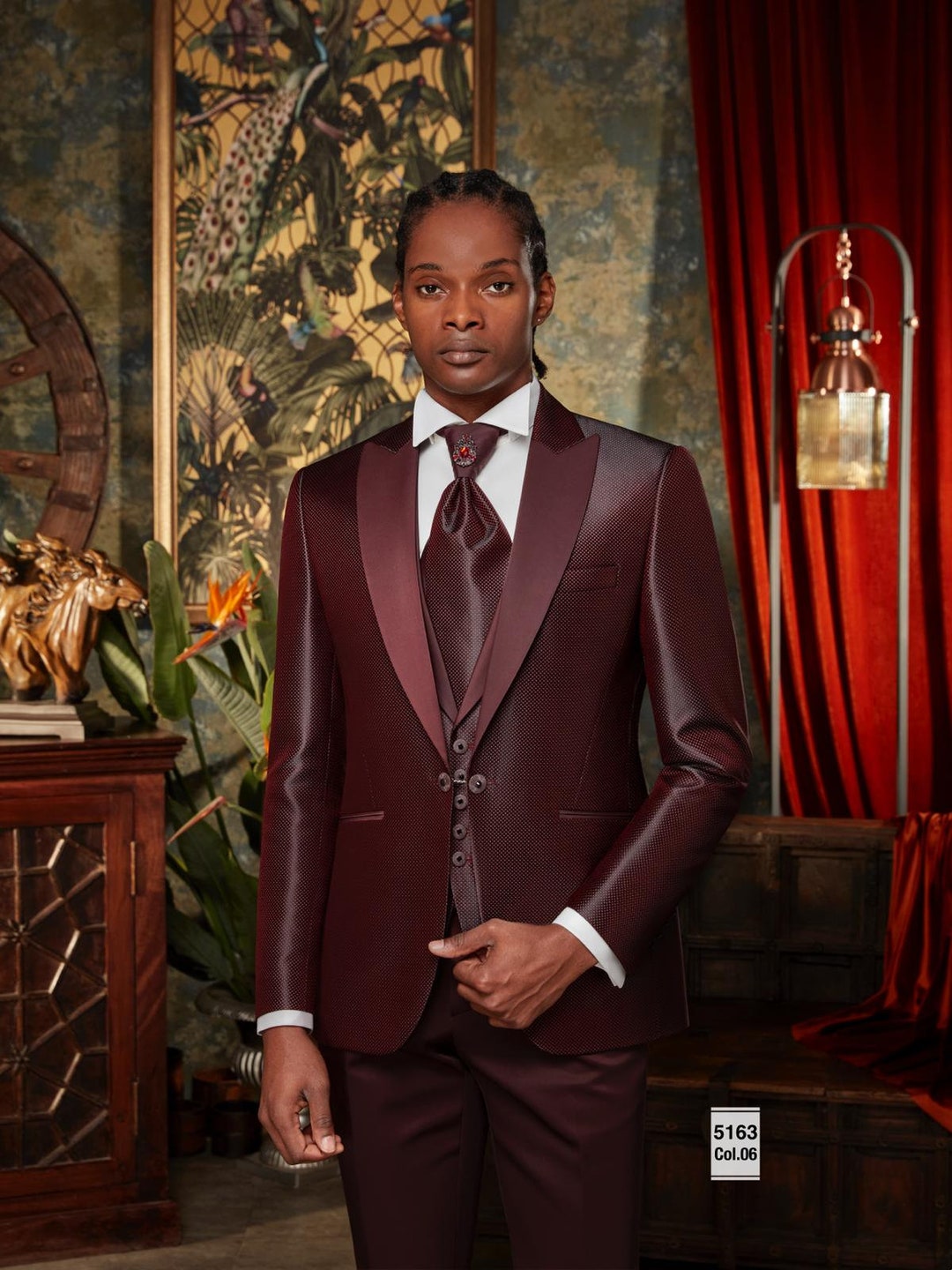 Burgundy Slim Fit Tuxedo 4 Piece Glen Plaid with Bow Tie
