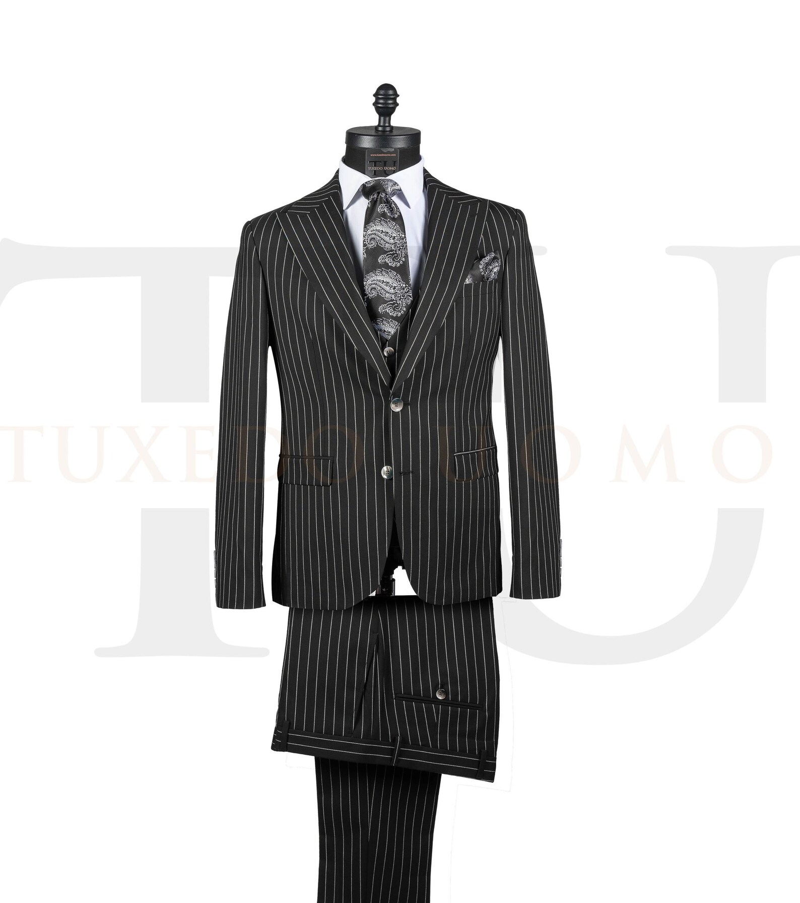 Men's Black Pinstripe 2 Button Vested 3 Piece three piece suit - Jacket + Pants + Vest main image 1