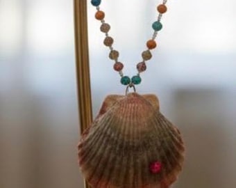 One of a kind Long Island scallop shell Necklace with Colorful Beads, Coastal Jewelry, Beach Necklace, Statement Shell Pendant,