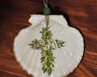 Christian Cross Oyster Shell Ornament Coastal Faith Decor Handmade Decoupage Shell Religious Gift
