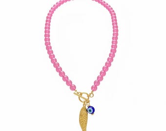 Pink Beaded Necklace with Gold Fish Charm, Evil Eye Pendant Necklace, Coastal Jewelry, Summer Beach Necklace, Protection Jewelry Gift