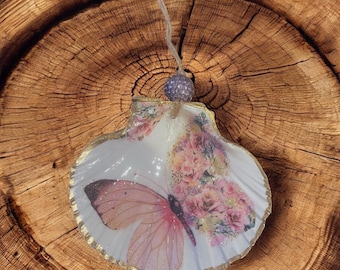 Decoupaged Butterfly Shell Ornament: Coastal Shabby Chic Decor