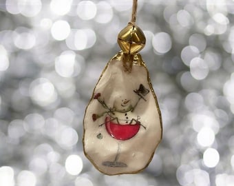 Handmade Decoupaged Oyster Shell Ornament: Coastal Christmas Decor