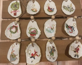 Twelve Days of Christmas Oyster Shell Ornament Set: Handcrafted Holiday Decor