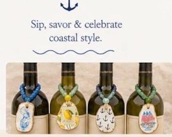 Coastal Wine Bottle Charms | Beach-Themed Glass Markers | Handmade Bottle Decor | Wine Lover Gift | Nautical Party Favor | Hostess Gift