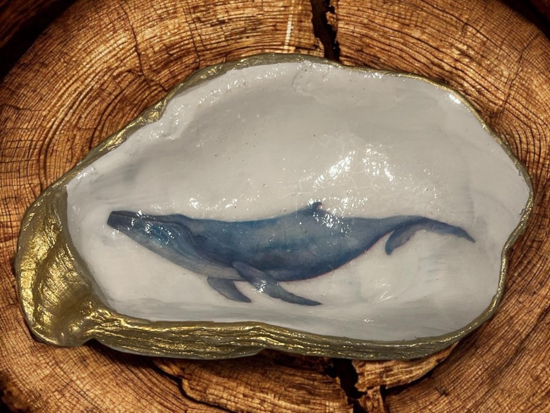 Decoupaged Oyster Shell Trinket Dish With Blue Whale Design, Coastal ...