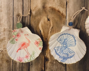 Flamingo & Mermaid Shell Ornament: Handcrafted Coastal Christmas Decor