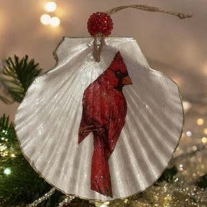 May include: A white seashell ornament with a red cardinal bird illustration. The ornament has a gold trim and a red beaded string for hanging.