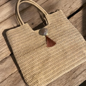 Woven Straw Beach Tote: Long Island Scallop Shell, Boho Tassel Bag