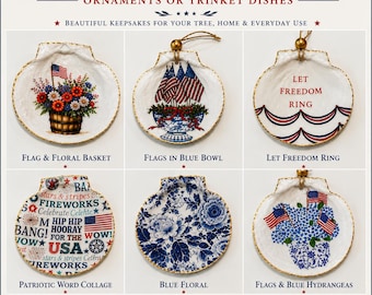 Patriotic Scallop Shell Ornament, Americana Coastal Decor, Fourth of July Shell Trinket Dish, Red White Blue Gift, Flag Shell Decoration