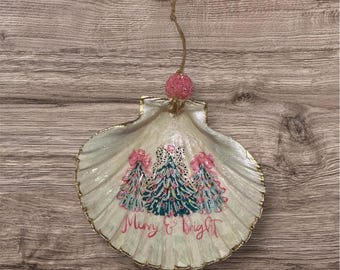 Merry and Bright Coastal Christmas Tree Shell Ornament -Pink Goes with Green