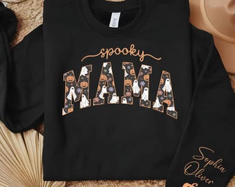 Personalized Spooky Mama Halloween Sweatshirt, Mom Halloween Sweatshirt With Kids Name On Sleeve , Cute Ghost Fall Sweater, Gift For Mom