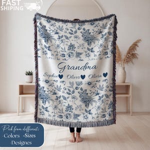 Personalized Grandma Blanket With Grandkids Names, Woven Floral Throw Gift For Nana, Gigi, Mimi, Custom Grandmother Mom Birthday Present