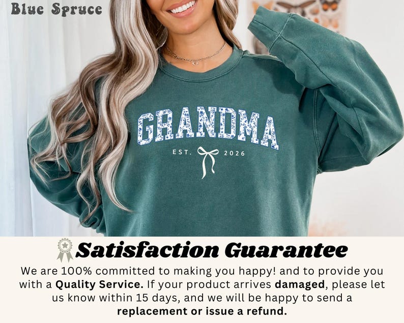 Comfort Colors® Custom Grandma Sweatshirt, Retro Blue Toile Floral Est 2026 Crewneck, Coquette Grandma Gift, New Grandmother Tee With Bow image 10