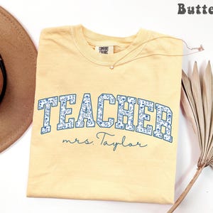 Comfort Colors® Personalized Teacher Shirt, Retro Blue Toile Floral Teacher Tee, Back to School Gift, Teacher Team Shirts, Mrs Name Tee