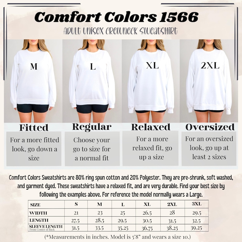 May include: White Comfort Colors 1566 adult unisex crewneck sweatshirts in sizes M, L, XL, and 2XL. The image includes a size chart with measurements in inches for each size, including width, length, and sleeve length.