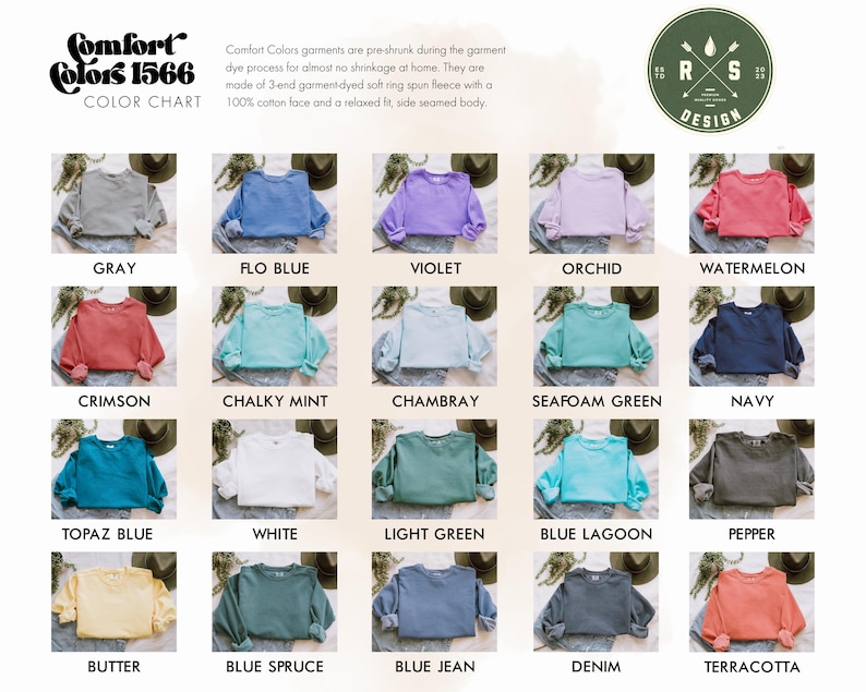 K&ouml;nnte beinhalten: Eine Farbkarte zeigt verschiedene Comfort Colors 1566 Sweatshirts in einer Reihe von Farben, darunter Grau, Blau, Violett und Rosa. Die Karte enth&auml;lt den Text "Comfort Colors 1566 COLOR CHART" und ein Logo mit den Buchstaben "R" und "S".