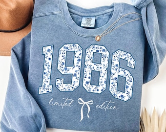 Comfort Colors® 1986 Retro Birthday Sweatshirt, Blue Toile 40th Birthday Crewneck, Coquette Limited Edition 1986 Sweater, Chapter 40 Gift