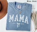 Comfort Colors\u00ae Personalized Mama Shirt, Retro Blue Toile Floral Est 2026 Tshirt, Coquette Mom Tee, Custom New Mom Shirt With Bow product logo