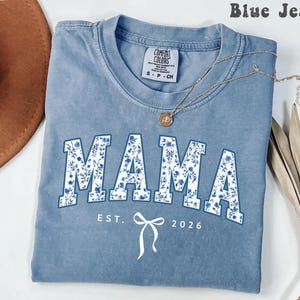 Comfort Colors® Personalized Mama Shirt, Retro Blue Toile Floral Est 2026 Tshirt, Coquette Mom Tee, Custom New Mom Shirt With Bow