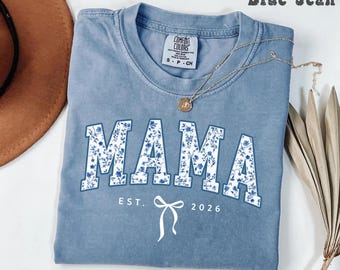 Comfort Colors® Personalized Mama Shirt, Retro Blue Toile Floral Est 2026 Tshirt, Coquette Mom Tee, Custom New Mom Shirt With Bow