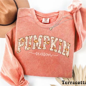 Puede incluir: Sudadera de color terracota con las palabras "PUMPKIN season" en un diseño floral. La sudadera tiene cuello redondo y mangas largas. Un sombrero marrón es visible en la esquina superior izquierda.