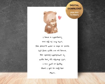 My Superhero Mum - DIGITAL DOWNLOAD - Printable Poem for Mum, Mother&#39;s Day Gift, To the Best Mom, Gift for Mum, Gift for Mam, Gift for Mom