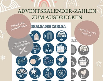 Adventskalender Zahlen Pride & Love | Adventskalender Zahlen zum Drucken | Adventskalender Zahlen 1-24 zum Download | Adventskalender Pride