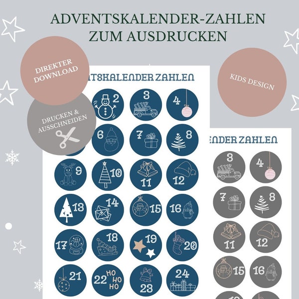 Adventskalender Zahlen Kinder | Adventskalender Zahlen zum Drucken | Adventskalender Zahlen 1-24 zum Download | Adventskalender Kids Design