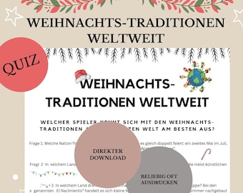 Pode incluir: Um quiz colorido sobre as tradições de Natal em todo o mundo. O quiz tem um título, "Tradições de Natal em todo o mundo", e um subtítulo, "Qual jogador conhece melhor as tradições de Natal em todo o mundo?" O quiz tem cinco perguntas, cada uma com uma imagem e um texto diferentes. O quiz é projetado para ser impresso e usado como um jogo.