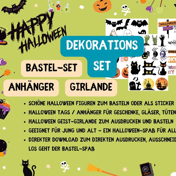 Halloween Dekoration Set | Halloween Figuren + Tags + Geister-Girlande zum Ausdrucken | Halloween Bastel Set