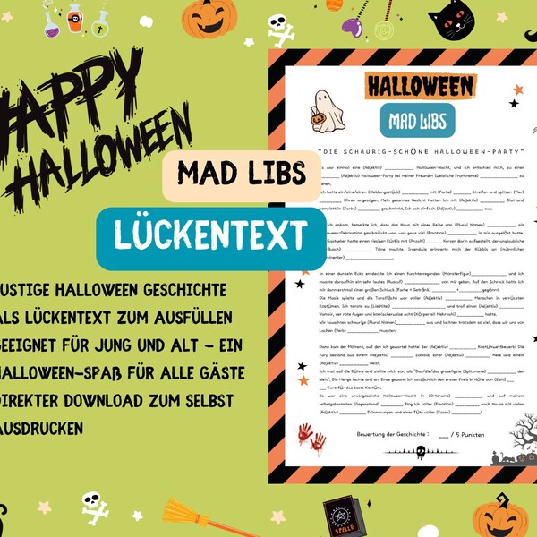 Halloween Mad Libs | Halloween Lückentext als Party-Spiel | Druckbare Halloween Spiele | Halloween Aktivität für Jung & Alt