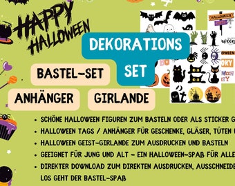 Ensemble de décoration d'Halloween | Figurines d'Halloween + Tags + Geister-Girlande zum Ausdrucken | Ensemble de Bastel d'Halloween