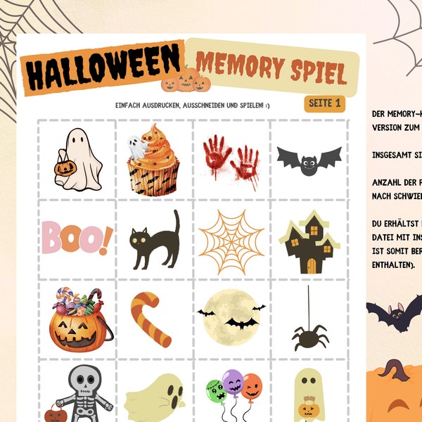 Halloween Memory Spiel | Der Spiele-Klassiker in der Halloween Version zum direkten Download | Mit 40 möglichen Bildpaaren für Groß & Klein