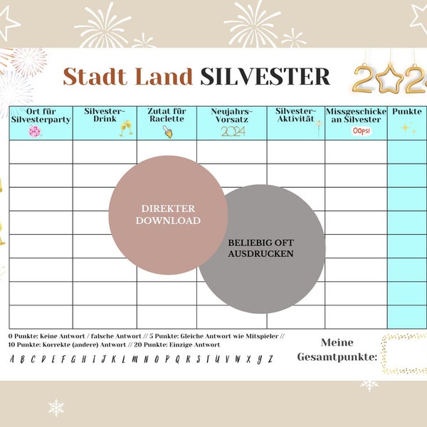 Stadt Land Silvester / Silvester-Partyspiel / Stadt Land Fluss für Silvester / Silvester Party / Silvester-Spiele zum Ausdrucken