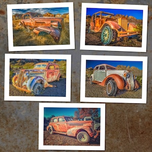 Tarjetas fotográficas de coches antiguos / Hot Rods abandonados / Tarjeta de vehículo oxidado / Coche oxidado clásico / Foto de coche vintage / Decoración de garaje rústico enmarcable 5x7