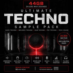 Könnte beinhalten: Eine digitale Produktgrafik für ein Ultimate Techno Sample Pack mit 44 GB und 24.000 WAV-Sounds. Der schwarze Hintergrund zeigt einen leuchtenden roten Kreis, weißen Text und Symbole für Atmosphären, Drum-Loops, One-Shots, Vocals und Effekte.