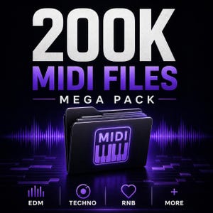 Può includere: Grafica digitale che promuove un "MEGA PACK di 200K file MIDI". L'immagine presenta una cartella nera con un logo MIDI viola brillante, accompagnata da icone per i generi musicali EDM, Techno e RNB. Lo sfondo è scuro con grafiche a onde sonore viola.