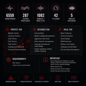 K&ouml;nnte beinhalten: Schwarz-rotes Grafikdesign mit digitalen Audio-Ressourcen. Enth&auml;lt 6559 Serum-Presets, 287 Custom-Wavetables, 1082 Samples/Noise-Dateien, 42 FX-Ketten und 5 Impulsantworten. F&uuml;r Musikproduzenten und Techno-Produktion.