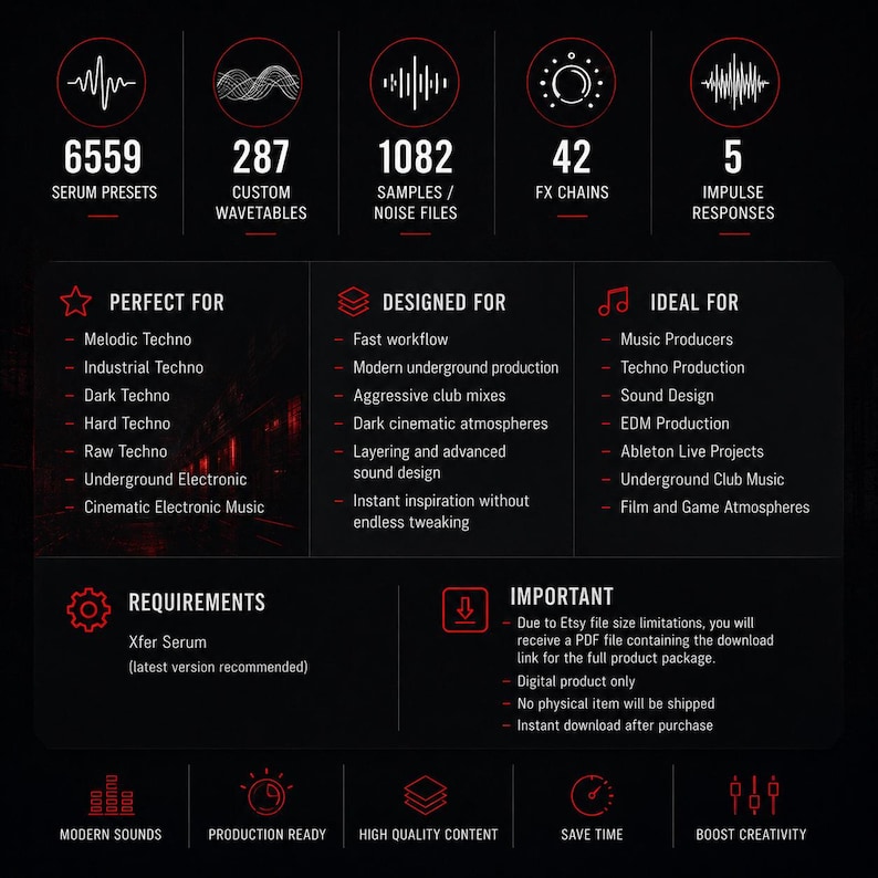 K&ouml;nnte beinhalten: Schwarz-rotes Grafikdesign mit digitalen Audio-Ressourcen. Enth&auml;lt 6559 Serum-Presets, 287 Custom-Wavetables, 1082 Samples/Noise-Dateien, 42 FX-Ketten und 5 Impulsantworten. F&uuml;r Musikproduzenten und Techno-Produktion.