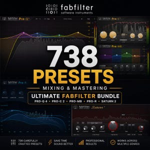 Könnte beinhalten: Werbebild für die Software FabFilter mit der Aufschrift "738 PRESETS" in großen Buchstaben. Das Bild zeigt auch "ULTIMATE FABFILTER BUNDLE" und Softwarenamen. Verschiedene Screenshots der Softwareoberfläche sind ebenfalls zu sehen.