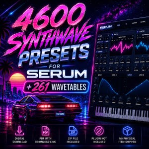 Può includere: Una pubblicità di prodotto digitale con il testo 4600 SYNTHWAVE PRESETS FOR SERUM + 261 WAVETABLES. L'immagine mostra un'auto sportiva retrò, uno skyline urbano al neon e un'interfaccia di sintetizzatore digitale con manopole e tasti.