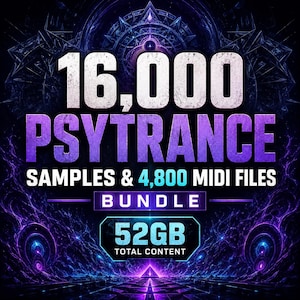 Puede incluir: Un paquete de productos digitales con el texto 16,000 PSYTRANCE SAMPLES & 4,800 MIDI FILES BUNDLE 52GB TOTAL CONTENT. El diseño utiliza letras blancas y azul claro sobre un fondo morado oscuro y negro con patrones abstractos.
