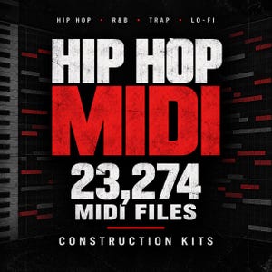 Peut inclure: Un graphique numérique présentant le texte HIP HOP MIDI en grandes lettres blanches et rouges usées. En dessous, le nombre 23 274 MIDI FILES est affiché en blanc, suivi de CONSTRUCTION KITS. Le fond est noir avec des accents rouges et blancs.