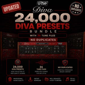 May include: A digital product advertisement for a u-he Diva 24,000 presets bundle. The graphic features the text 24,000 DIVA PRESETS BUNDLE, 26 TUNE FILES, and NO DUPLICATES. It includes a central image of a synthesizer interface with red accents.