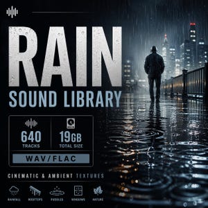 Può includere: Immagine digitale che promuove una libreria di suoni di pioggia. Il titolo "RAIN SOUND LIBRARY" è in grandi lettere bianche. L'immagine include una persona che cammina sotto la pioggia, un paesaggio urbano e dettagli: 640 tracce, 19 GB, formato WAV/FLAC.
