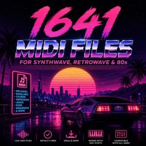 Peut inclure: Un graphique numérique avec le texte 1641 MIDI FILES FOR SYNTHWAVE, RETROWAVE & 80s. L'image montre une ligne d'horizon urbaine éclairée au néon, un grand soleil orange, des palmiers et une voiture de sport sur une route mouillée avec des icônes.
